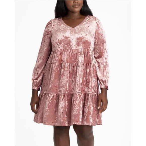 Adyson Parker Crushed Velvet Dress M Tiered Pink Pockets Knee Length Boho Chic - Picture 1 of 9